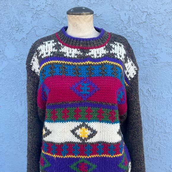 Retro Geometric Sweater Oversized Chunky knit Rainbow Aztec S/M - Picture 2 of 10